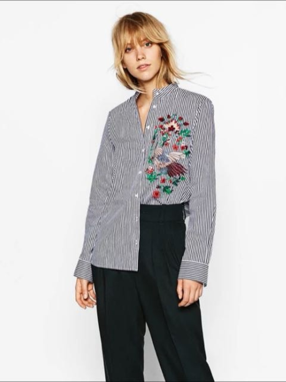 Zara Blue Striped Shirt with Floral Embroidery